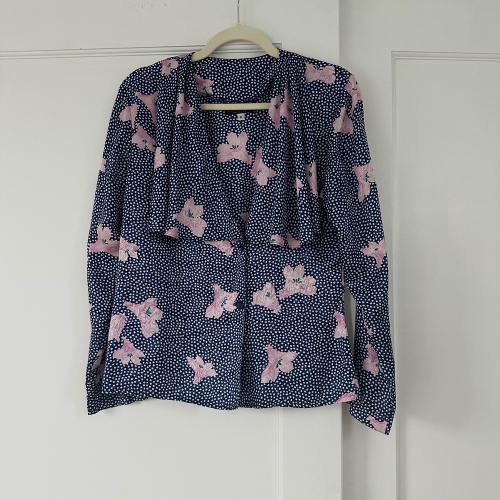 Vintage 80s Baronesa Blouse 6 Navy Pink Floral Polka Dot Cape Collar Made in USA